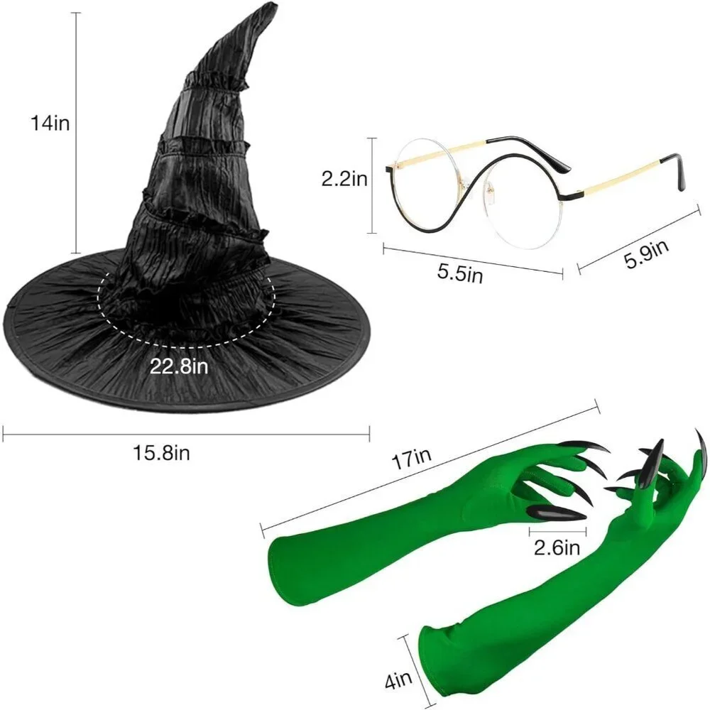 Women Witch Costume Accessory Set Hat Gloves Glasses for Halloween Cosplay